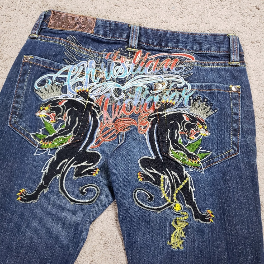 Christian Audigier Jeans 29 (30 x 32) Blue Panther Crown Embroidered Y2K Vintage